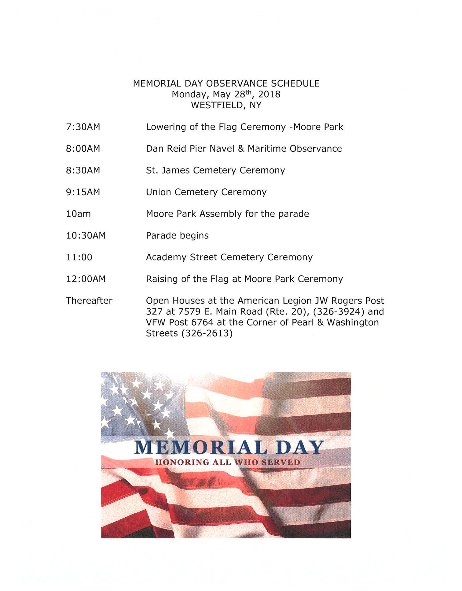 Memorial Day Observance Schedule Westfield New York
